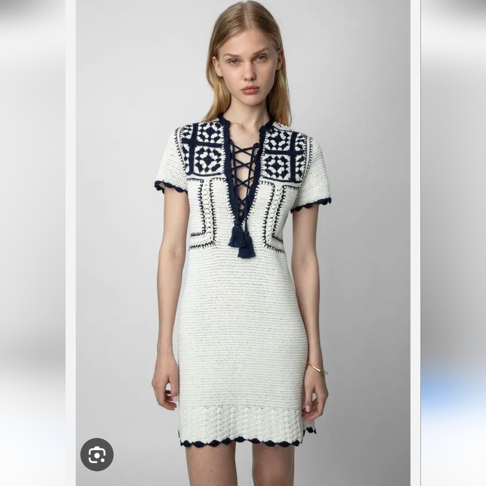 NEW $748 Zadig and Voltaire Imany 100% Cotton Crocheted Tassel Ties Mini Dress
